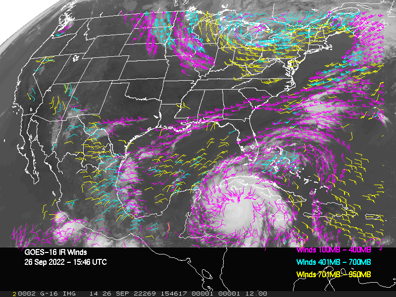 GOES-16 Long-Wave Infrared Derived Winds - CONUS - 09/26/2022 - 1546 GMT