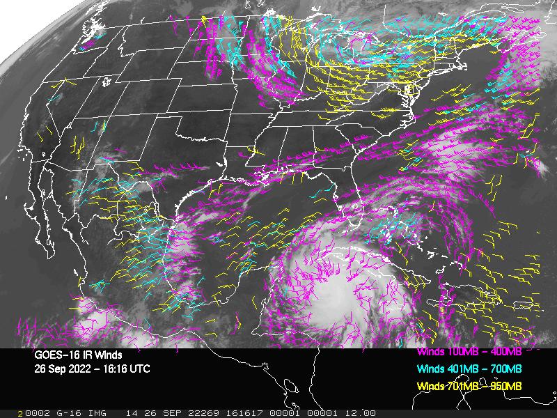 GOES-16 Long-Wave Infrared Derived Winds - CONUS - 09/26/2022 - 1616 GMT