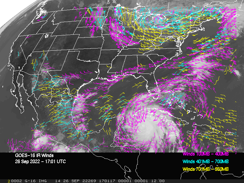 GOES-16 Long-Wave Infrared Derived Winds - CONUS - 09/26/2022 - 1701 GMT