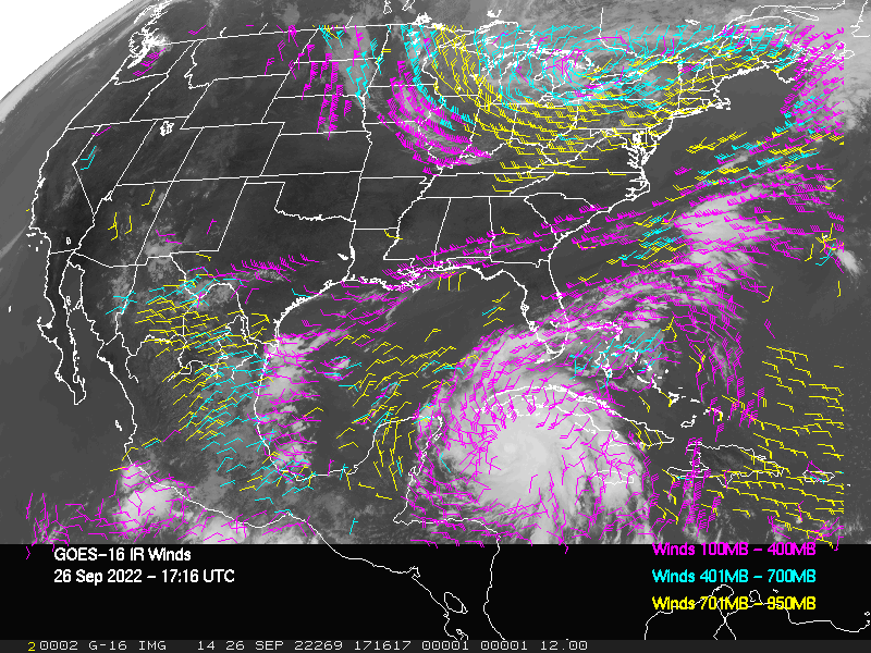 GOES-16 Long-Wave Infrared Derived Winds - CONUS - 09/26/2022 - 1716 GMT