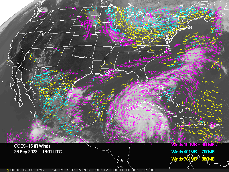 GOES-16 Long-Wave Infrared Derived Winds - CONUS - 09/26/2022 - 1901 GMT