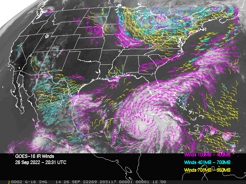 GOES-16 Long-Wave Infrared Derived Winds - CONUS - 09/26/2022 - 2031 GMT