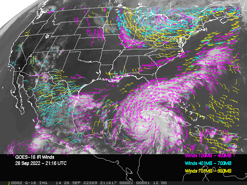 GOES-16 Long-Wave Infrared Derived Winds - CONUS - 09/26/2022 - 2116 GMT