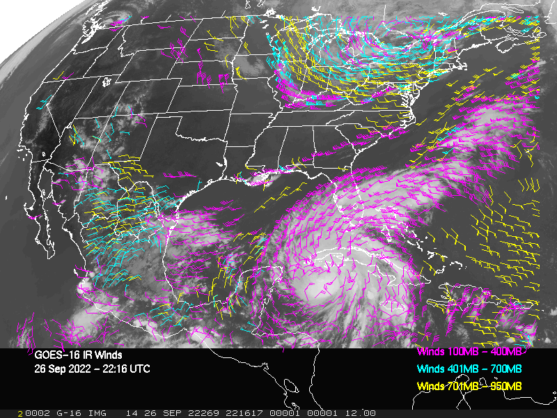 GOES-16 Long-Wave Infrared Derived Winds - CONUS - 09/26/2022 - 2216 GMT