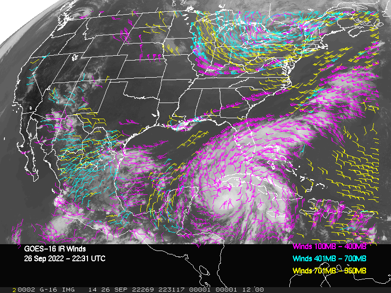 GOES-16 Long-Wave Infrared Derived Winds - CONUS - 09/26/2022 - 2231 GMT
