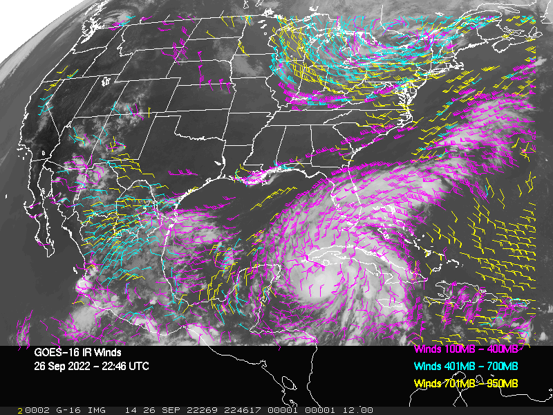 GOES-16 Long-Wave Infrared Derived Winds - CONUS - 09/26/2022 - 2246 GMT