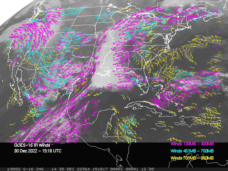 GOES-16 Long-Wave Infrared Derived Winds - CONUS - 12/30/2022 - 1516 GMT