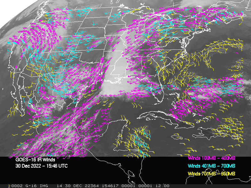 GOES-16 Long-Wave Infrared Derived Winds - CONUS - 12/30/2022 - 1546 GMT