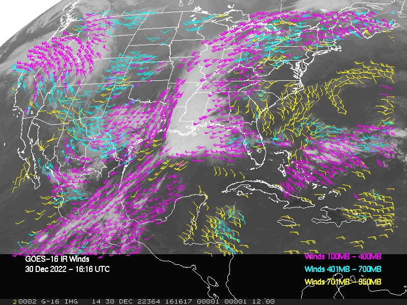 GOES-16 Long-Wave Infrared Derived Winds - CONUS - 12/30/2022 - 1616 GMT
