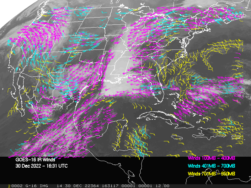 GOES-16 Long-Wave Infrared Derived Winds - CONUS - 12/30/2022 - 1631 GMT