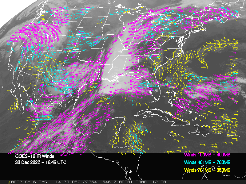 GOES-16 Long-Wave Infrared Derived Winds - CONUS - 12/30/2022 - 1646 GMT