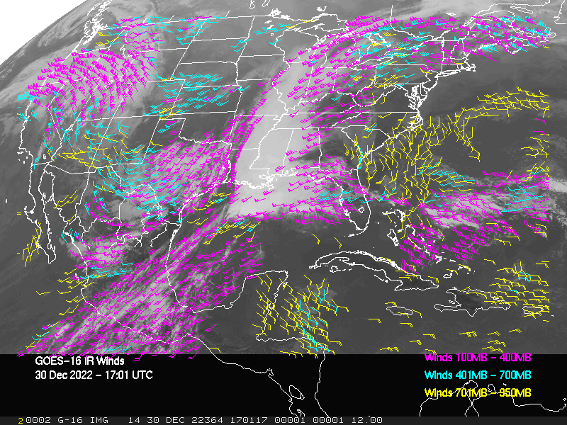 GOES-16 Long-Wave Infrared Derived Winds - CONUS - 12/30/2022 - 1701 GMT