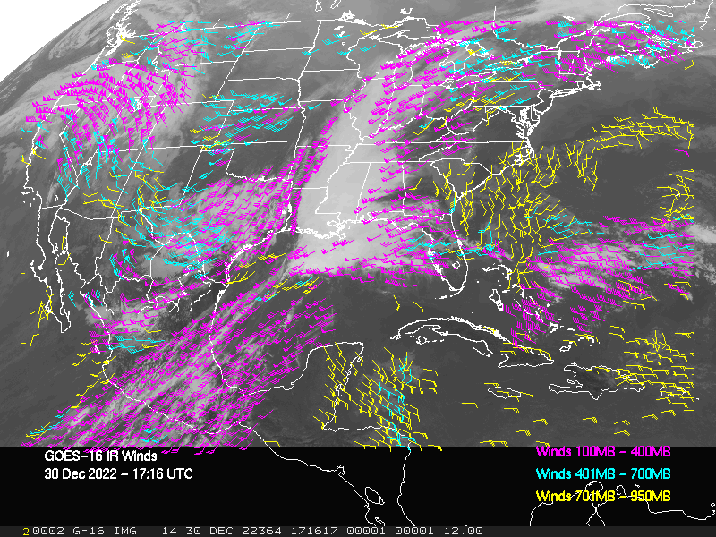 GOES-16 Long-Wave Infrared Derived Winds - CONUS - 12/30/2022 - 1716 GMT