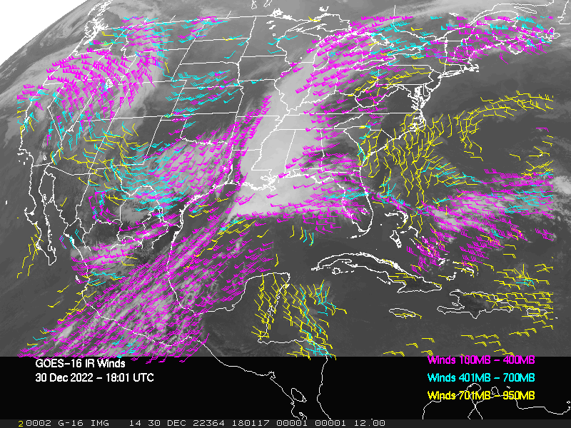 GOES-16 Long-Wave Infrared Derived Winds - CONUS - 12/30/2022 - 1801 GMT