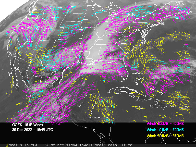 GOES-16 Long-Wave Infrared Derived Winds - CONUS - 12/30/2022 - 1846 GMT
