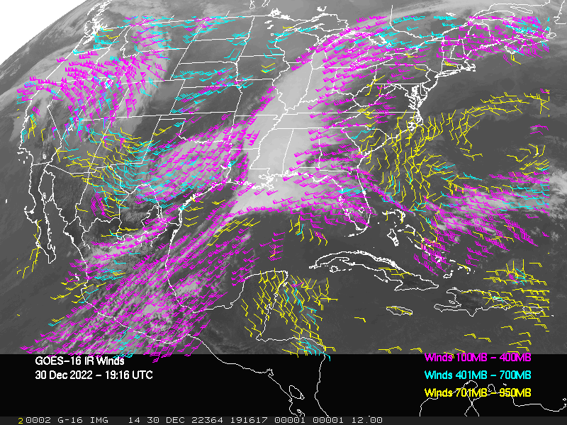GOES-16 Long-Wave Infrared Derived Winds - CONUS - 12/30/2022 - 1916 GMT