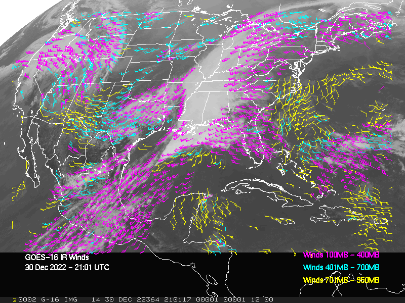 GOES-16 Long-Wave Infrared Derived Winds - CONUS - 12/30/2022 - 2101 GMT