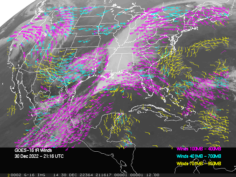 GOES-16 Long-Wave Infrared Derived Winds - CONUS - 12/30/2022 - 2116 GMT