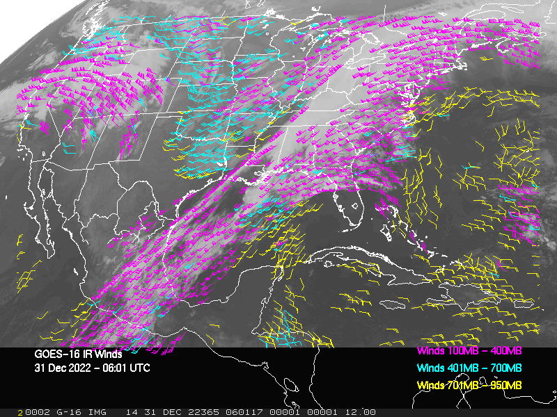 GOES-16 Long-Wave Infrared Derived Winds - CONUS - 12/31/2022 - 0601 GMT
