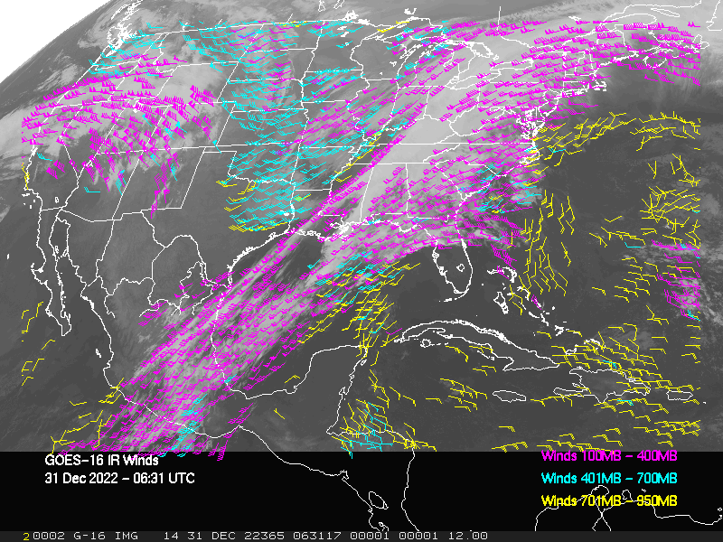 GOES-16 Long-Wave Infrared Derived Winds - CONUS - 12/31/2022 - 0631 GMT