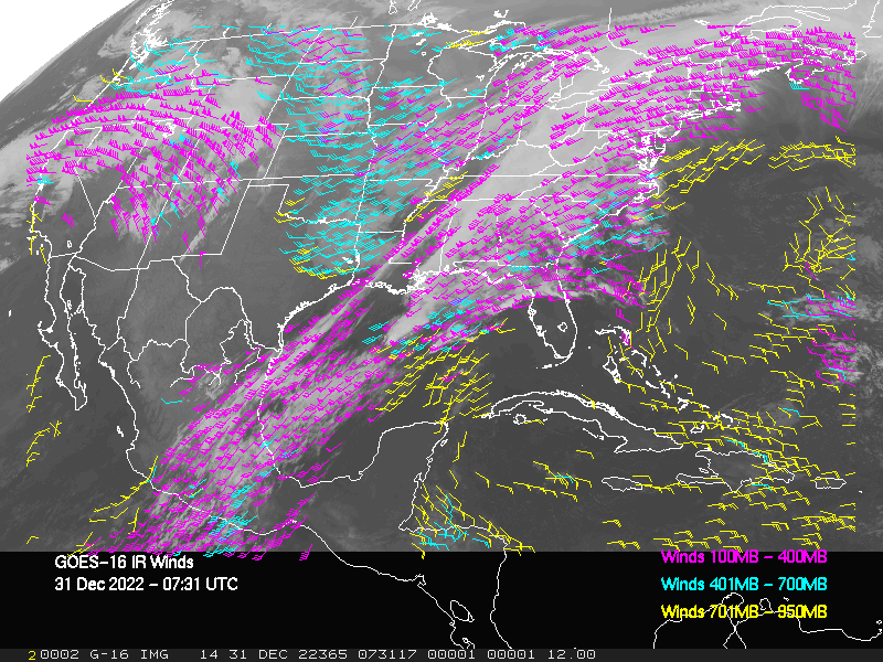 GOES-16 Long-Wave Infrared Derived Winds - CONUS - 12/31/2022 - 0731 GMT