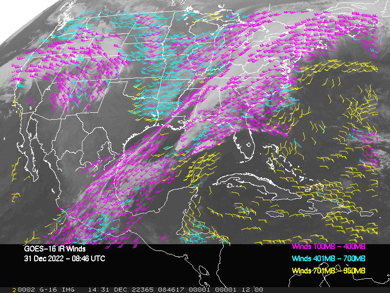 GOES-16 Long-Wave Infrared Derived Winds - CONUS - 12/31/2022 - 0846 GMT