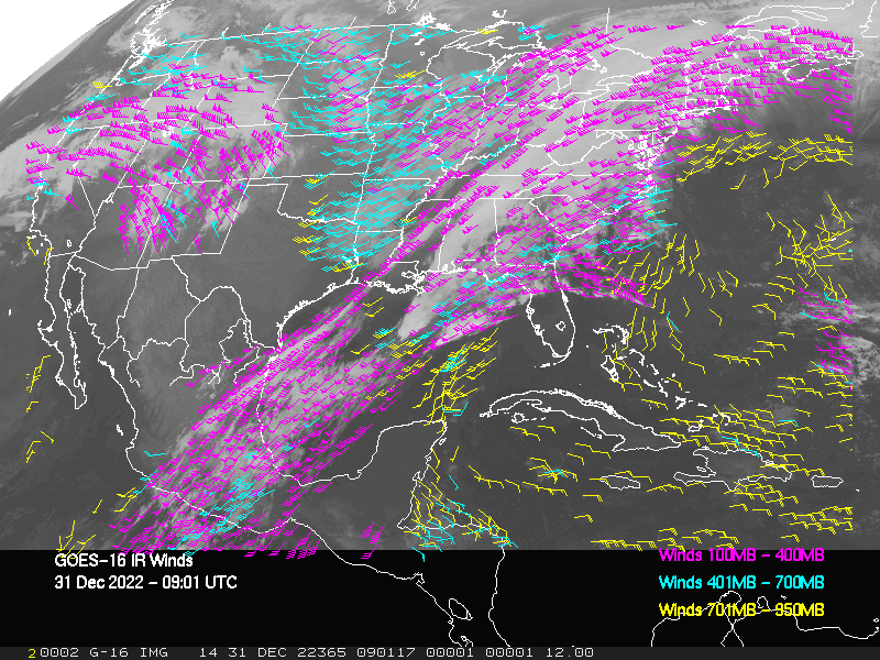 GOES-16 Long-Wave Infrared Derived Winds - CONUS - 12/31/2022 - 0901 GMT