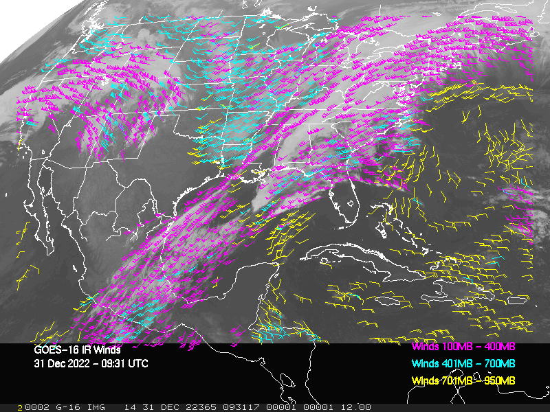 GOES-16 Long-Wave Infrared Derived Winds - CONUS - 12/31/2022 - 0931 GMT