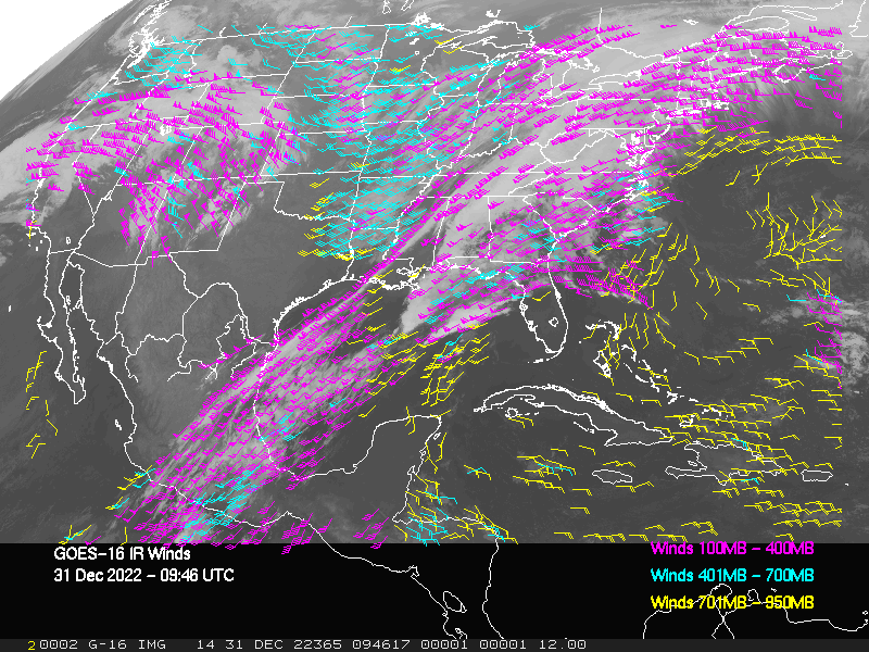 GOES-16 Long-Wave Infrared Derived Winds - CONUS - 12/31/2022 - 0946 GMT