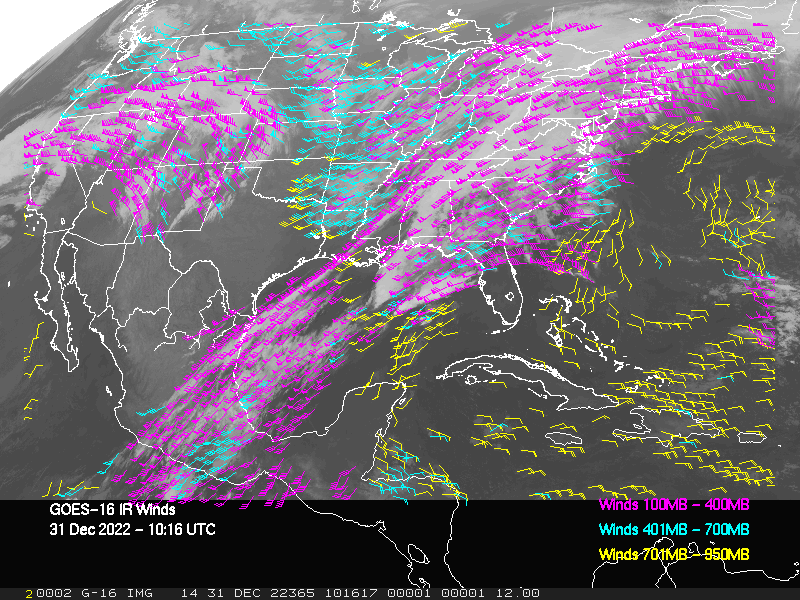 GOES-16 Long-Wave Infrared Derived Winds - CONUS - 12/31/2022 - 1016 GMT