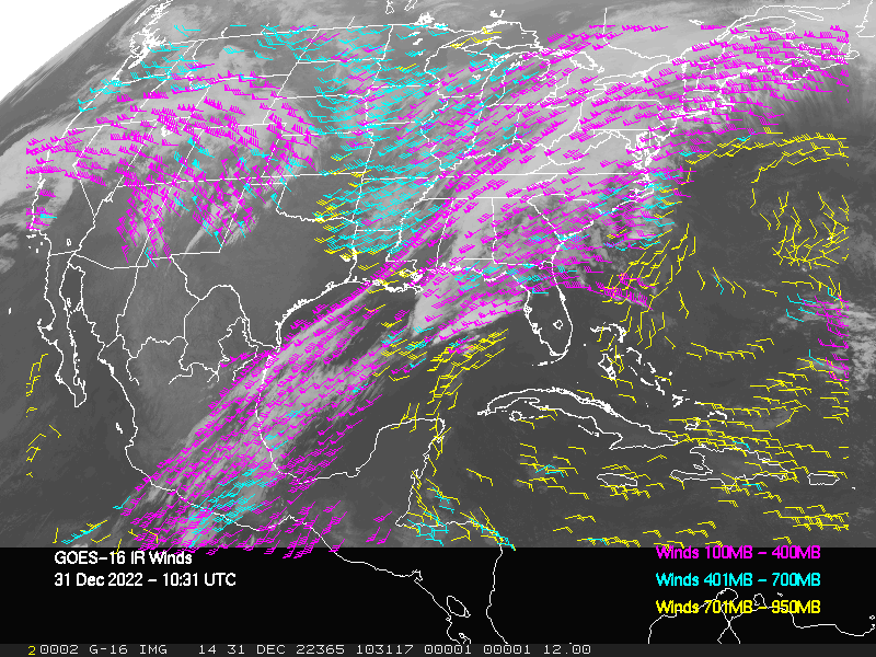 GOES-16 Long-Wave Infrared Derived Winds - CONUS - 12/31/2022 - 1031 GMT
