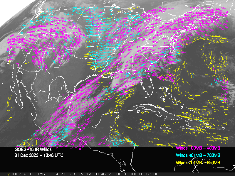 GOES-16 Long-Wave Infrared Derived Winds - CONUS - 12/31/2022 - 1046 GMT