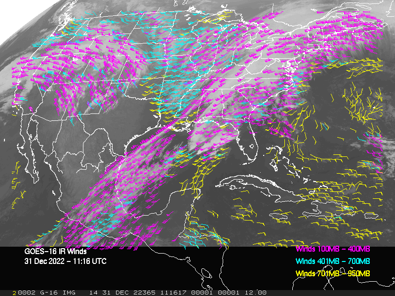 GOES-16 Long-Wave Infrared Derived Winds - CONUS - 12/31/2022 - 1116 GMT