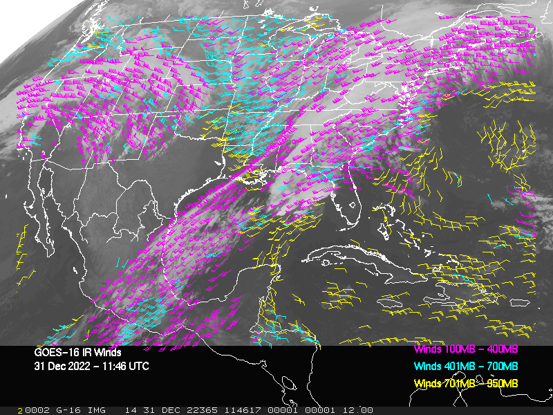 GOES-16 Long-Wave Infrared Derived Winds - CONUS - 12/31/2022 - 1146 GMT