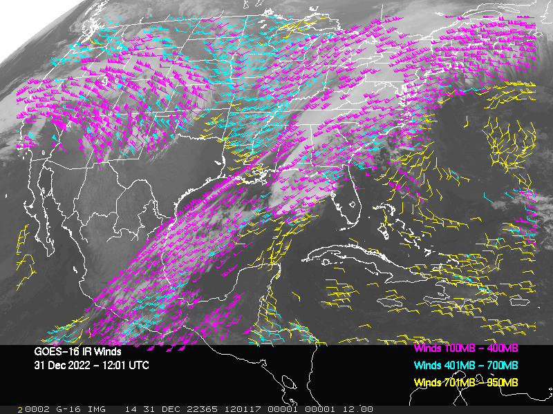 GOES-16 Long-Wave Infrared Derived Winds - CONUS - 12/31/2022 - 1201 GMT