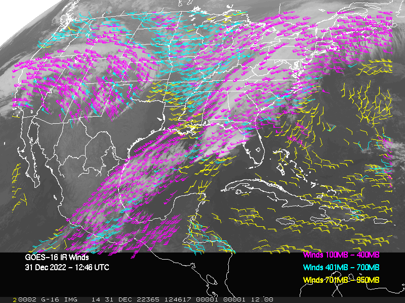 GOES-16 Long-Wave Infrared Derived Winds - CONUS - 12/31/2022 - 1246 GMT