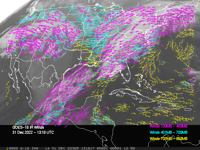 GOES-16 Long-Wave Infrared Derived Winds - CONUS - 12/31/2022 - 1316 GMT