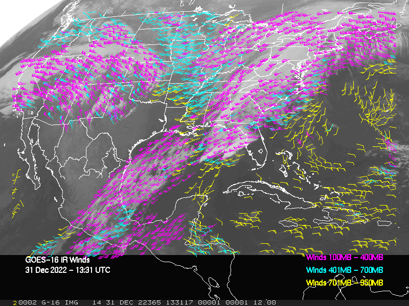 GOES-16 Long-Wave Infrared Derived Winds - CONUS - 12/31/2022 - 1331 GMT