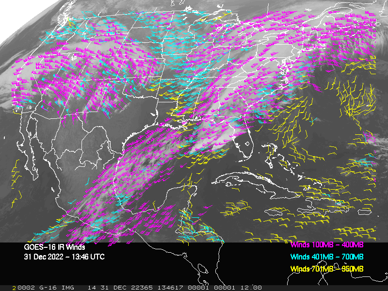 GOES-16 Long-Wave Infrared Derived Winds - CONUS - 12/31/2022 - 1346 GMT