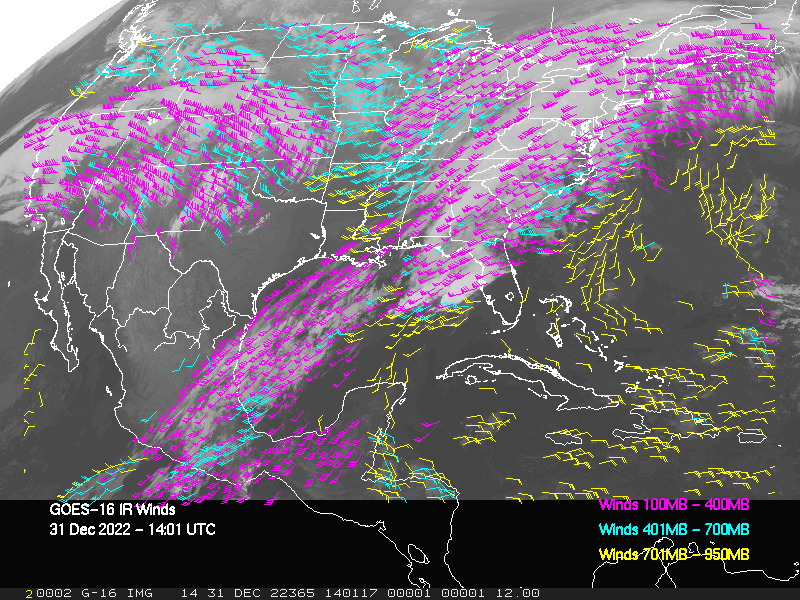 GOES-16 Long-Wave Infrared Derived Winds - CONUS - 12/31/2022 - 1401 GMT