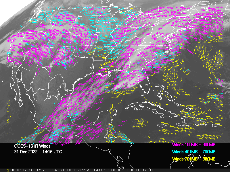 GOES-16 Long-Wave Infrared Derived Winds - CONUS - 12/31/2022 - 1416 GMT
