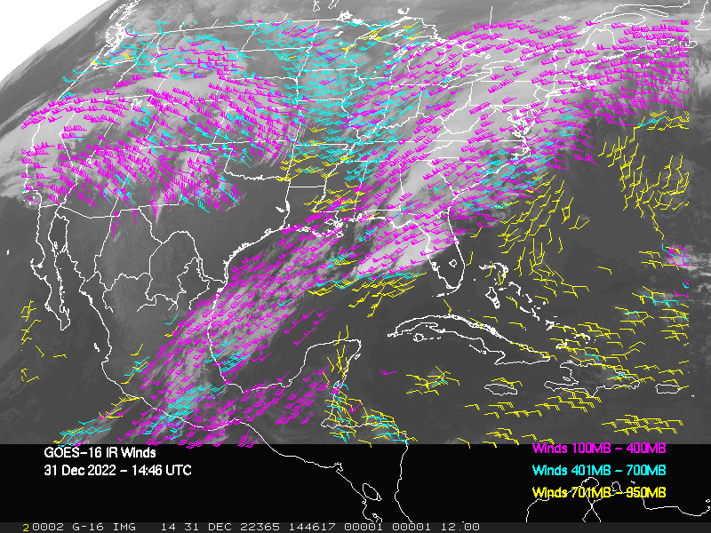 GOES-16 Long-Wave Infrared Derived Winds - CONUS - 12/31/2022 - 1446 GMT