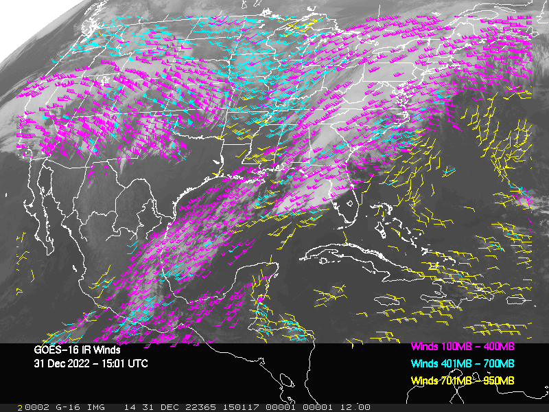 GOES-16 Long-Wave Infrared Derived Winds - CONUS - 12/31/2022 - 1501 GMT