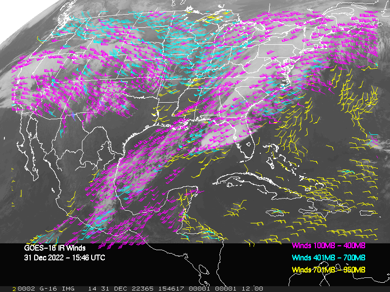 GOES-16 Long-Wave Infrared Derived Winds - CONUS - 12/31/2022 - 1546 GMT