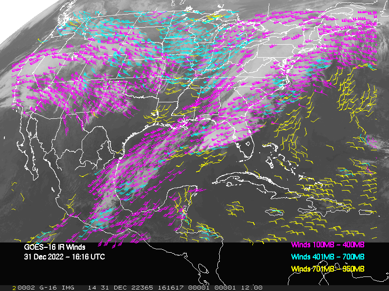 GOES-16 Long-Wave Infrared Derived Winds - CONUS - 12/31/2022 - 1616 GMT