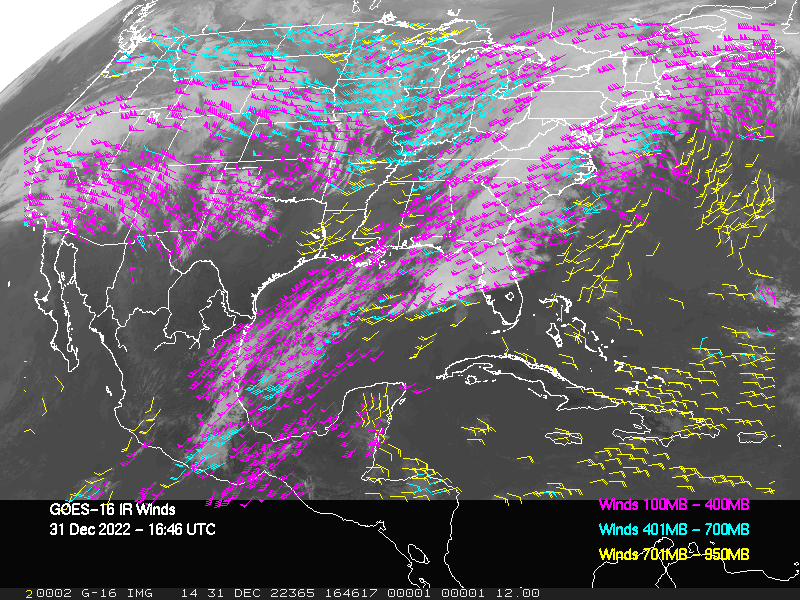 GOES-16 Long-Wave Infrared Derived Winds - CONUS - 12/31/2022 - 1646 GMT