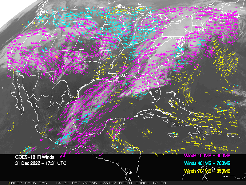 GOES-16 Long-Wave Infrared Derived Winds - CONUS - 12/31/2022 - 1731 GMT