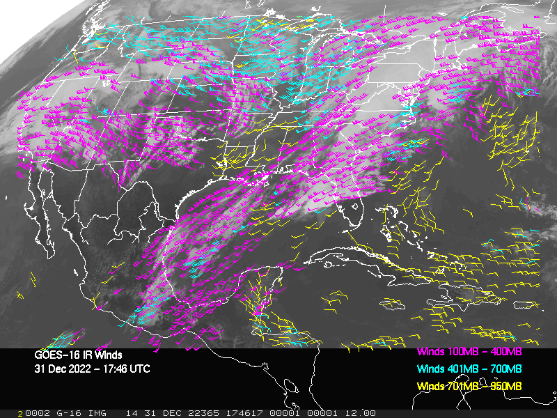 GOES-16 Long-Wave Infrared Derived Winds - CONUS - 12/31/2022 - 1746 GMT