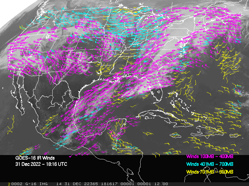 GOES-16 Long-Wave Infrared Derived Winds - CONUS - 12/31/2022 - 1816 GMT