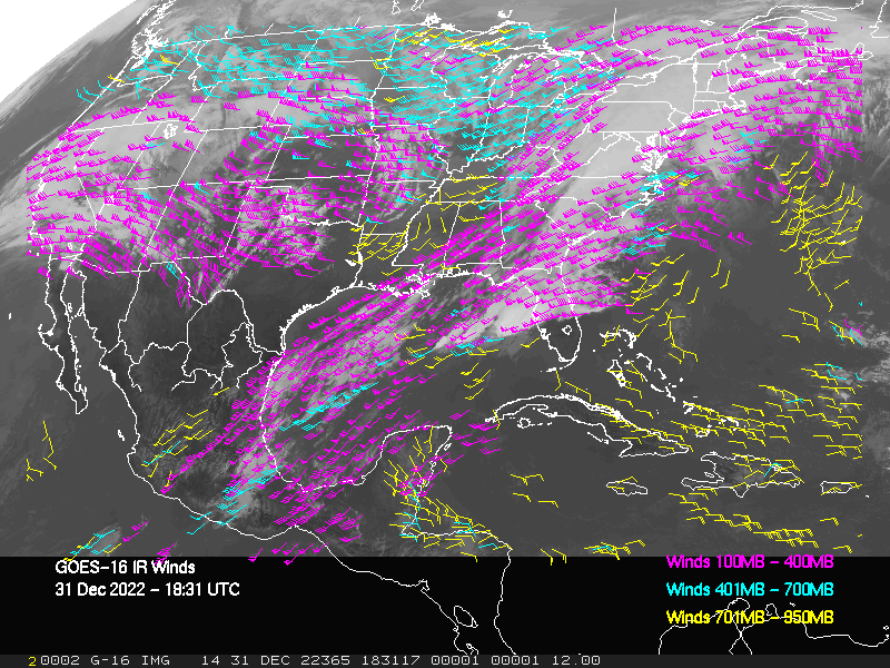 GOES-16 Long-Wave Infrared Derived Winds - CONUS - 12/31/2022 - 1831 GMT